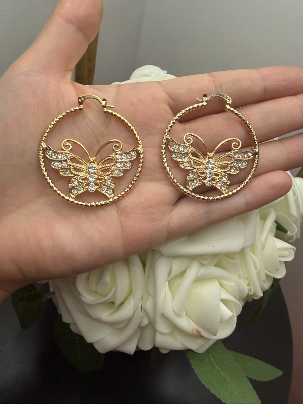 Gold filled Butterfly Crystal Hoop Earrings - Women Jewelry - Picture 2 of 5